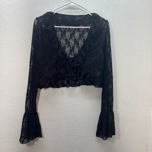 Whimsigoth Witchy Fairy Black Lace Ruffle Bell Sleeve Shrug Cardigan Women's S